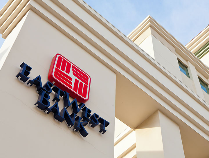 East West Bank headquarters building logo in Pasadena